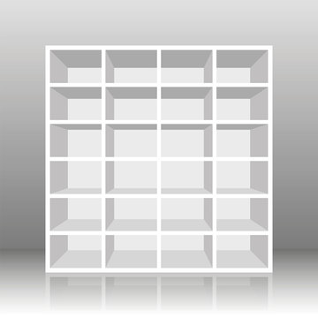 White empty rack or bookshelf with twenty four cubbyholes. Vector illustration on gray gradient background.