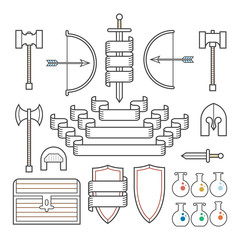 A set of symbols of outlined classic elements found in fantasy and medieval settings, along with banners. © alexopalexo