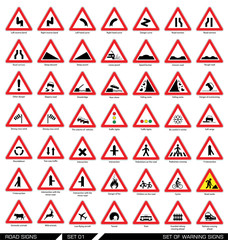 Set of warning road signs. Collection of triangular warning traffic signs. Signs of danger. Vector illustration. 