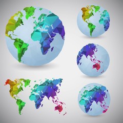 Set of the world globes. World map. Low poly vector illustration.