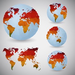 Set of the world globes. World map. Low poly vector illustration.