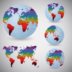 Set of the world globes. World map. Low poly vector illustration.