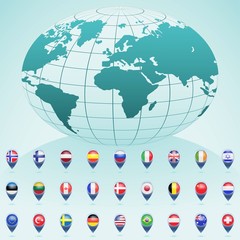 World globe with flags of different countries. Vector illustration.
