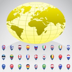 World globe with flags of different countries. Vector illustration.