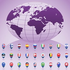 World globe with flags of different countries. Vector illustration.