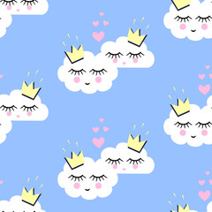 Seamless pattern with white smiling sleeping clouds in love for holidays. Unusual design for Valentines Day. Child drawing style. Blue sky vector illustration. Love concept background