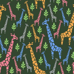 Fototapeta na wymiar Giraffes family seamless pattern. Safari animal background. Retro style colors illustration savannah. Jungle animals with tropical plants print. Safari travel concept .