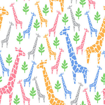 Giraffes family seamless pattern. Safari animal background. Pastel colors illustration savannah. Jungle animals with tropical plants print. Safari travel concept.