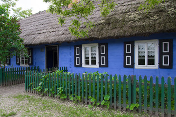 Fototapeta na wymiar Old country cottage and flowers in Lowicz, Poland