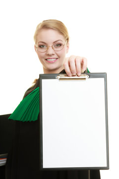  woman lawyer holding empty blank clipboard
