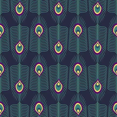 Garden poster Peacock Seamless abstract pattern with peacock feather and bird fluff on dark blue background. Decorative texture with peacock feathers. Cute peafowl feather background.