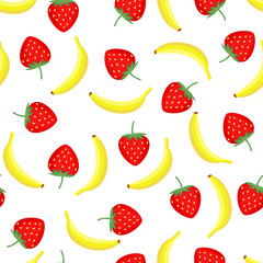 Seamless pattern with yellow bananas and juicy strawberries. Cute vector strawberry and banana background. Bright summer fruits illustration. Fruit mix card.