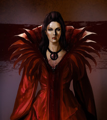 Beautiful vampire bloody countess in crimson dress outfit.