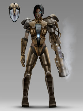 Futuristic woman with tactical armor costume standing with plasma gun and tactical helmet character design.