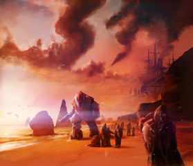 Scifi warriors walking on ocean evening shore with robots and people landscape illustration.