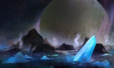 Cold space alien planet with blue crystal elements on a surface scenery illustration. © breakermaximus