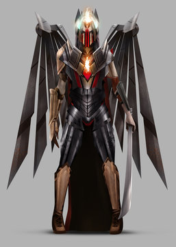 Angel warrior queen standing in armor with mechanical wings and holding a sword.