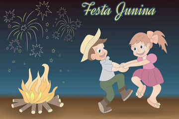 Cute hand-drawing of dancing children, bonfire an fireworks. 