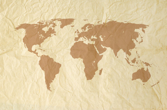 World map on Vintage yallow paper texture background