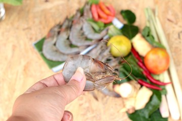 Shrimp and lemon, chilli, lemon grass, kaffir lime leaves for soup spicy