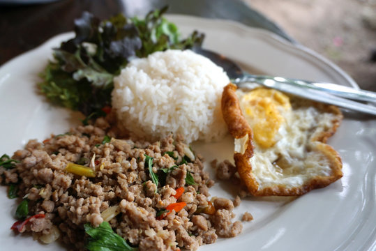 Minced pork basil and fried egg with white rice