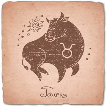 Taurus zodiac sign horoscope vintage card.