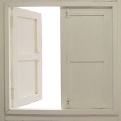 Opened wooden window on white background