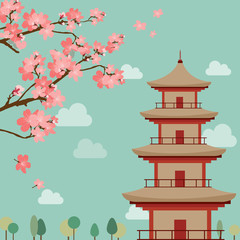 Fototapeta premium Vector picture of japanese landscape theme, sakura flowers, pagoda silhouettes