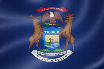 Michigan flag on the fabric texture background