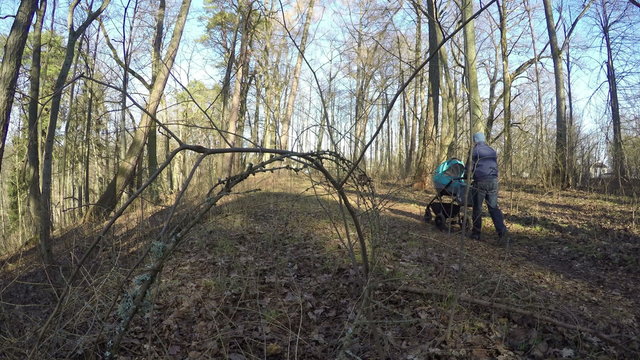 father ride baby carriage in autumn park forest. Parenthood, child family concept. 4K UHD wide angle shot. 
