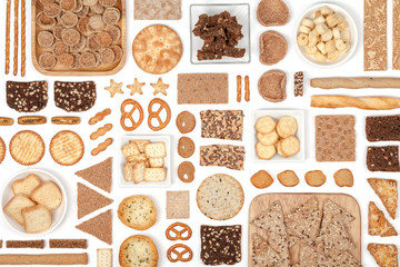 crackers and snacks on white background