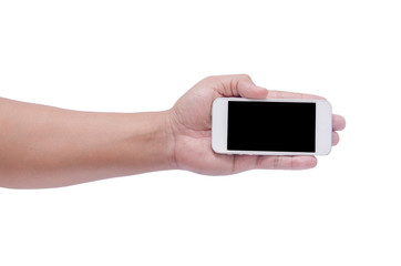 man hand holding the phone tablet isolated on white background