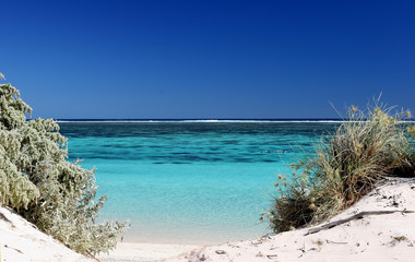 View of the pristine turquois waters through gap in the dunes at Ningaloo reef Western Australia - 85855835