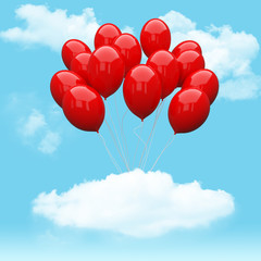 Fototapeta premium Escape conceptual- red balloon holding cloud into the sky background