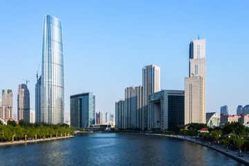 Modern buildings and river in urban city