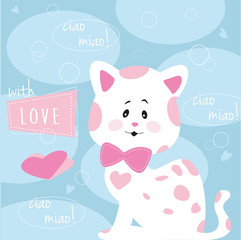 Cute spotted cat. Cute, shy, spotted cat with a pink bow  vector illustration.