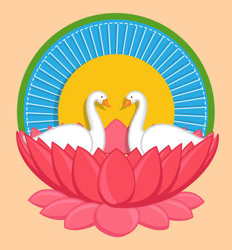Cartoon Swan Birds in Lotus Flower Indian Background