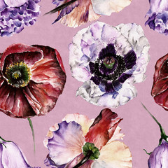 Seamless pattern with flowers. Watercolor illustration.