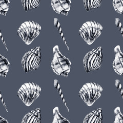 Seamless pattern with sea-shells. Watercolor illustration.