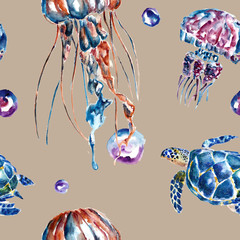 Seamless pattern with jellyfish and turtles. Watercolor
