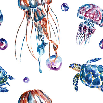 Seamless pattern with jellyfish and turtles. Watercolor illustration.