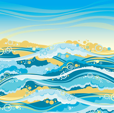 Seascape illustration - waves and sky.