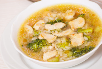 chicken soup with rice and broccoli