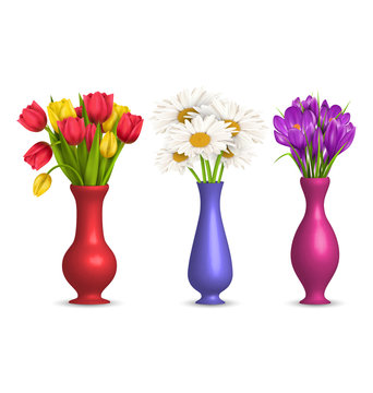 Flowers chamomiles tulips and crocuses in vases isolated on whit