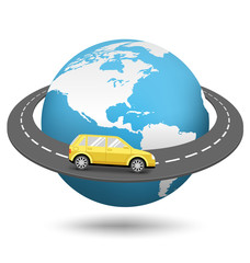 Globe with Road Around the World and Car Isolated on White Backg