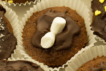 Homemade delicious chocolate cupcake on wooden background