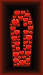 Coffin with hearts sinking in a grave as a symbol for love, sorrow, tragedy and other problems related to heart issues. Vector illustration on black and red gradient background.