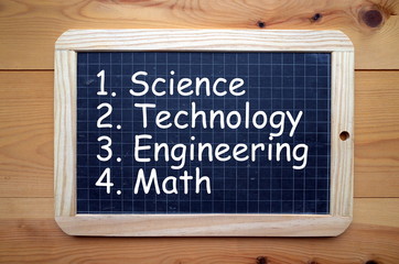 The words Science, Technology, Engineering and Math in white text on a blackboard. These are known...