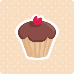 Cute vector cupcake with red heart and white polka dots background