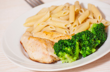 chicken fillet with penne pasta and broccoli